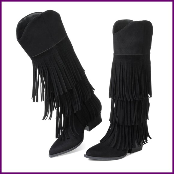 Knee High Cowgirl Boots Suede Faux Leather Chunky Heel Pull On